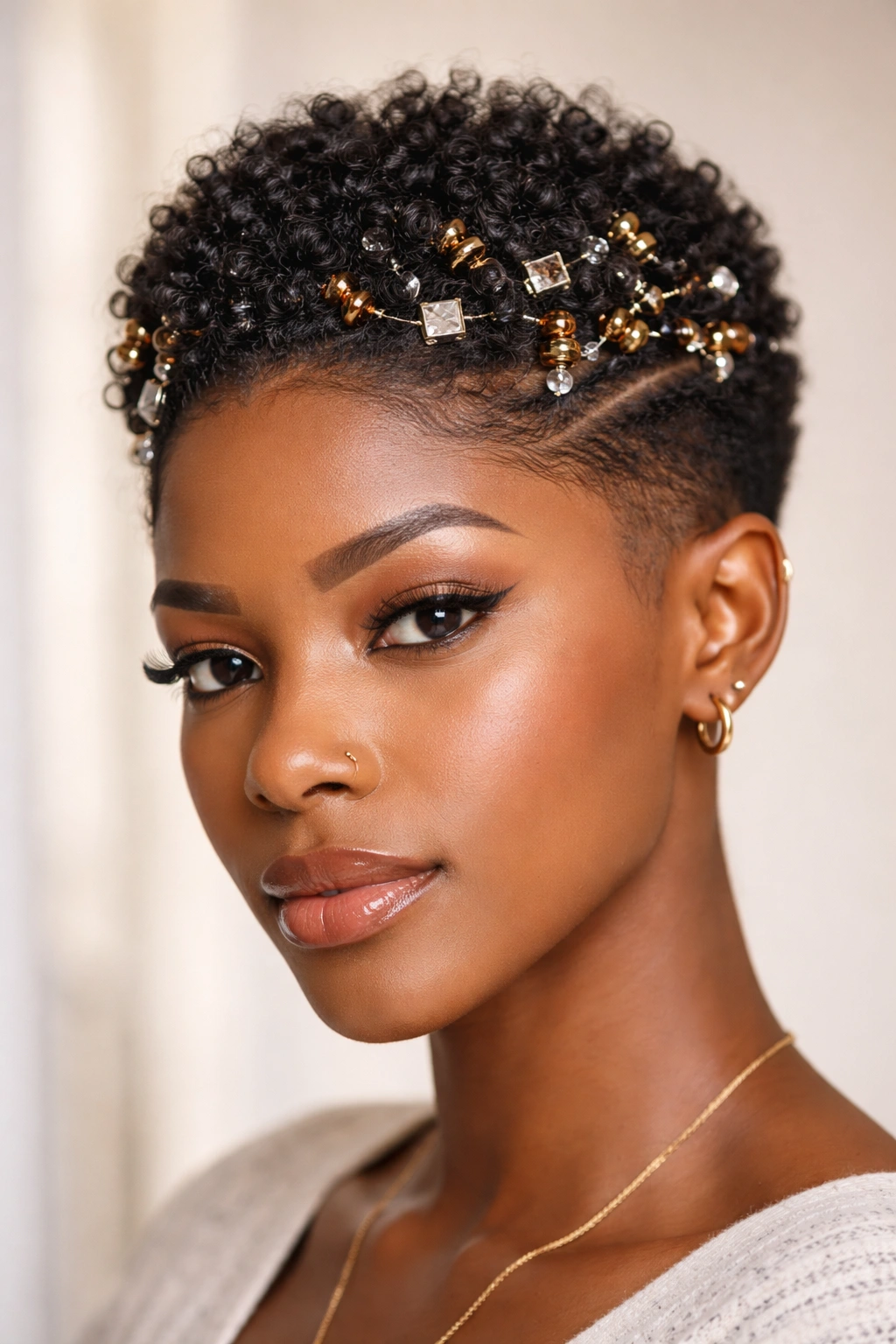 Close-up of textured taper with beads and cuffs woven into the hair