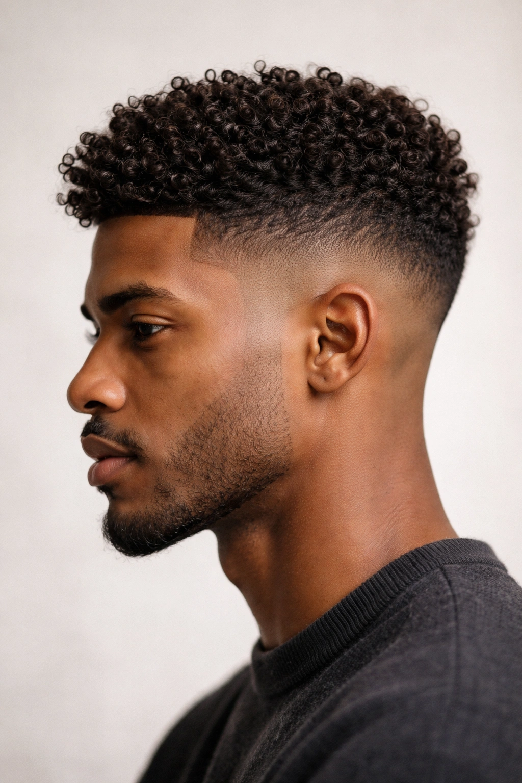 Profile view of a person with a textured taper fade showing shaved sides and fuller top curls.