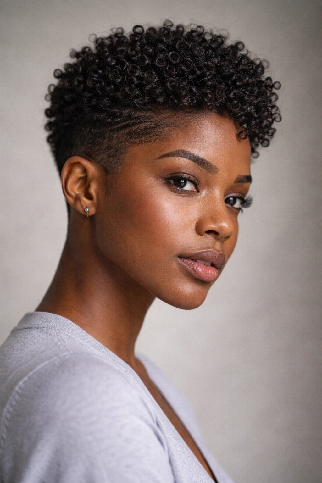 Close-up of a person with a textured tapered cut and defined natural coils.