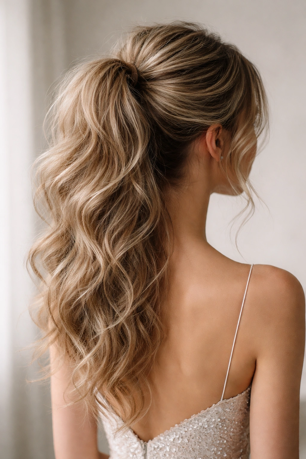 Back or three-quarter view of a textured teased ponytail with high volume