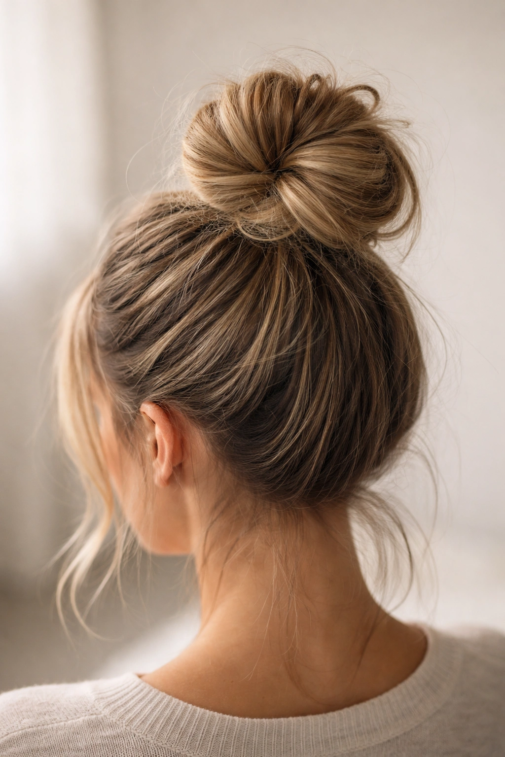 Top knot bun at crown with teased texture