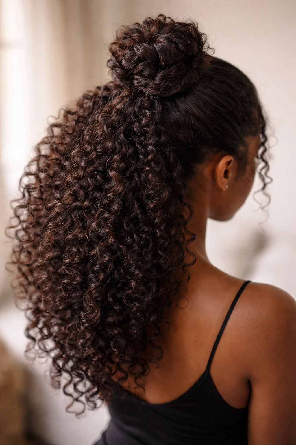 Textured top knot at crown with flowing ponytail