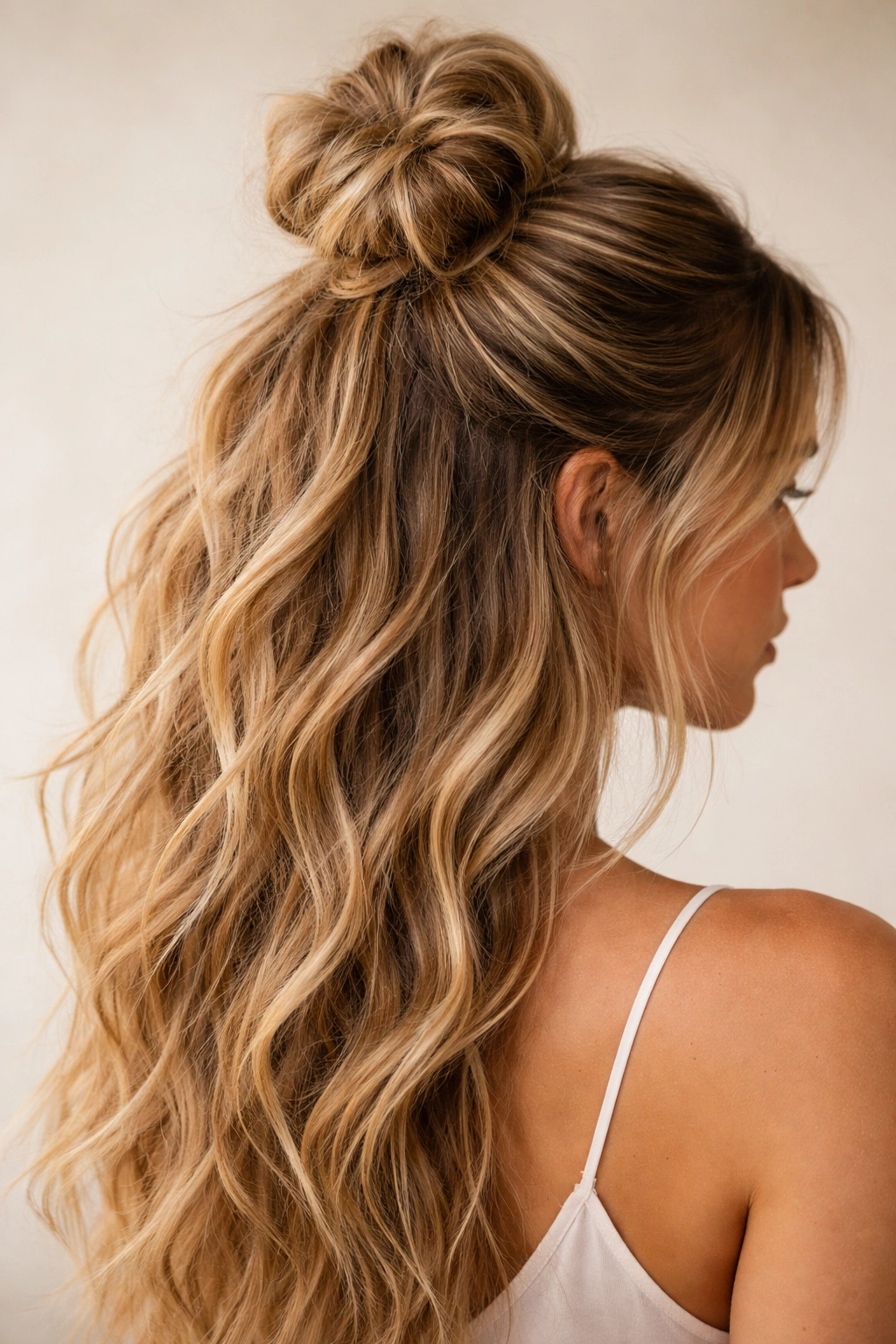 Close-up of a textured top knot with cascading waves on the head in studio lighting