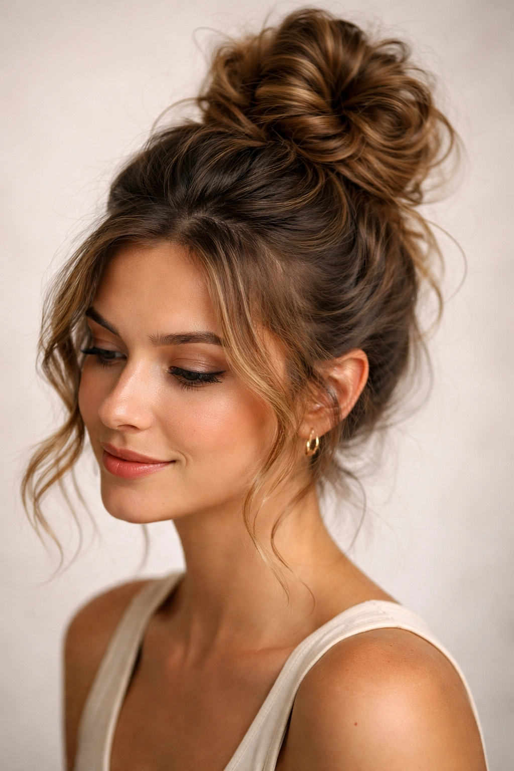 High, textured top knot with visible wave texture and volume