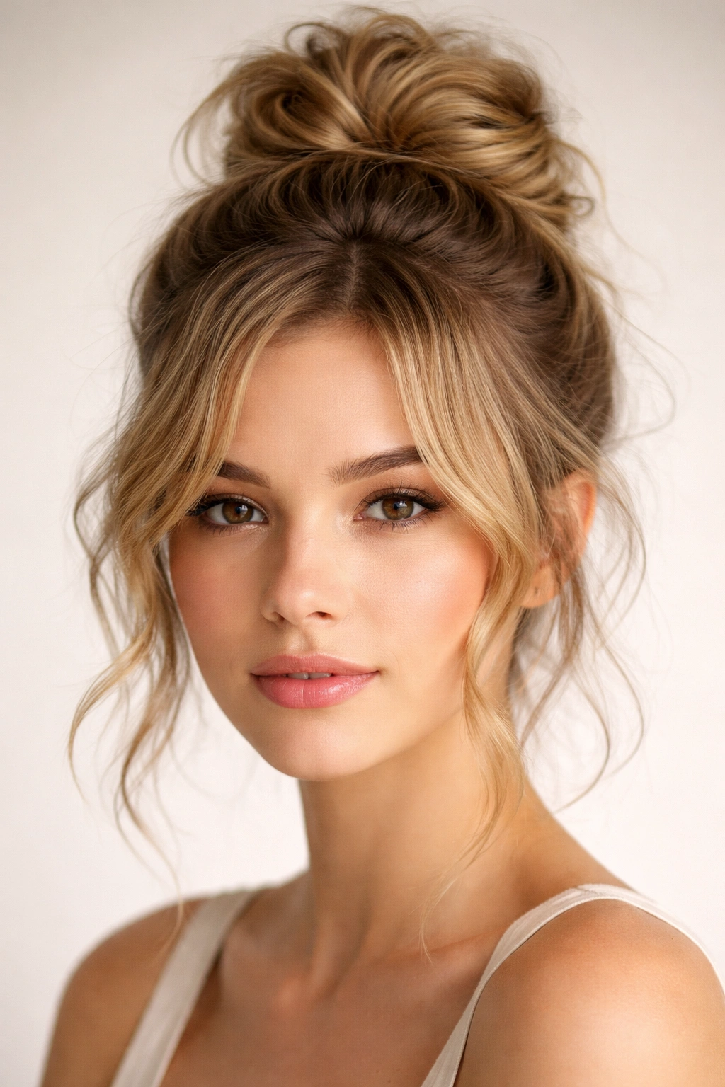 Close-up of a short-haired model with a textured topknot bun at the crown
