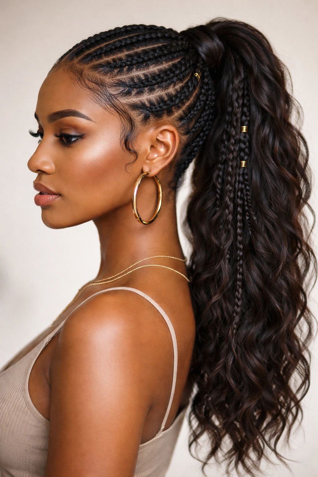 Ponytail with braided sections and textured tribal braids