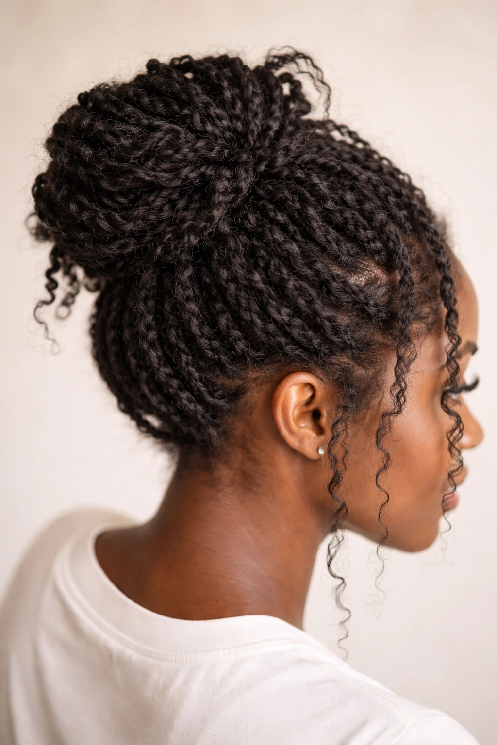 Close-up of a textured bun created with two-strand twists