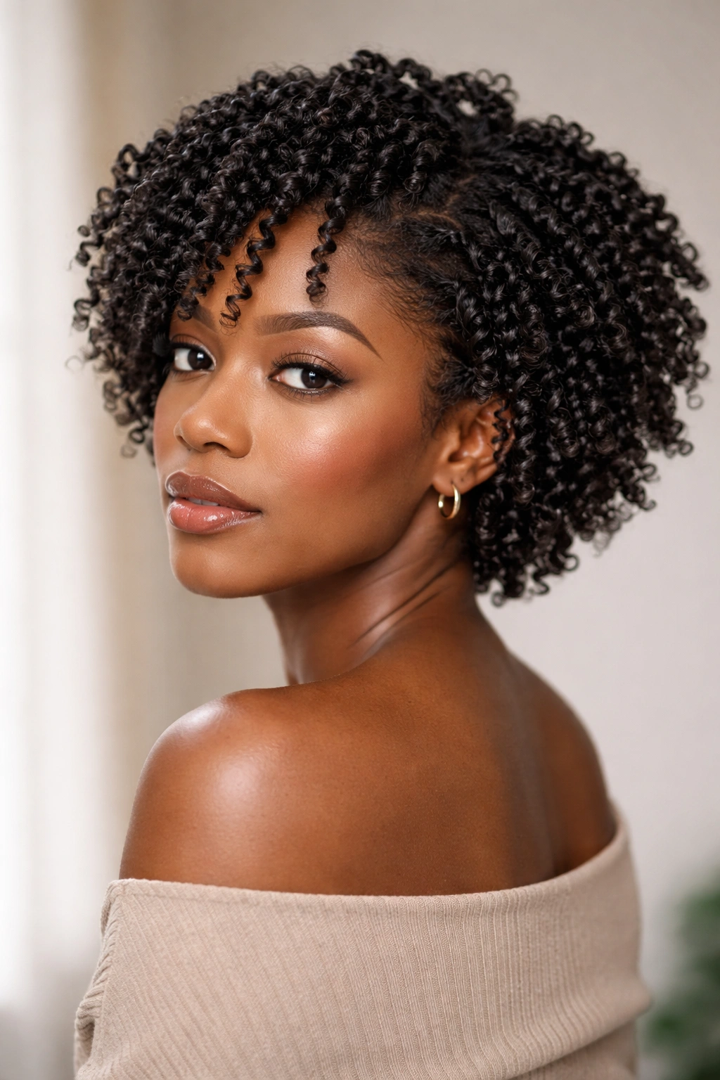 Medium shot of a Black woman with twist-out texture ready for unraveling, showing defined curls
