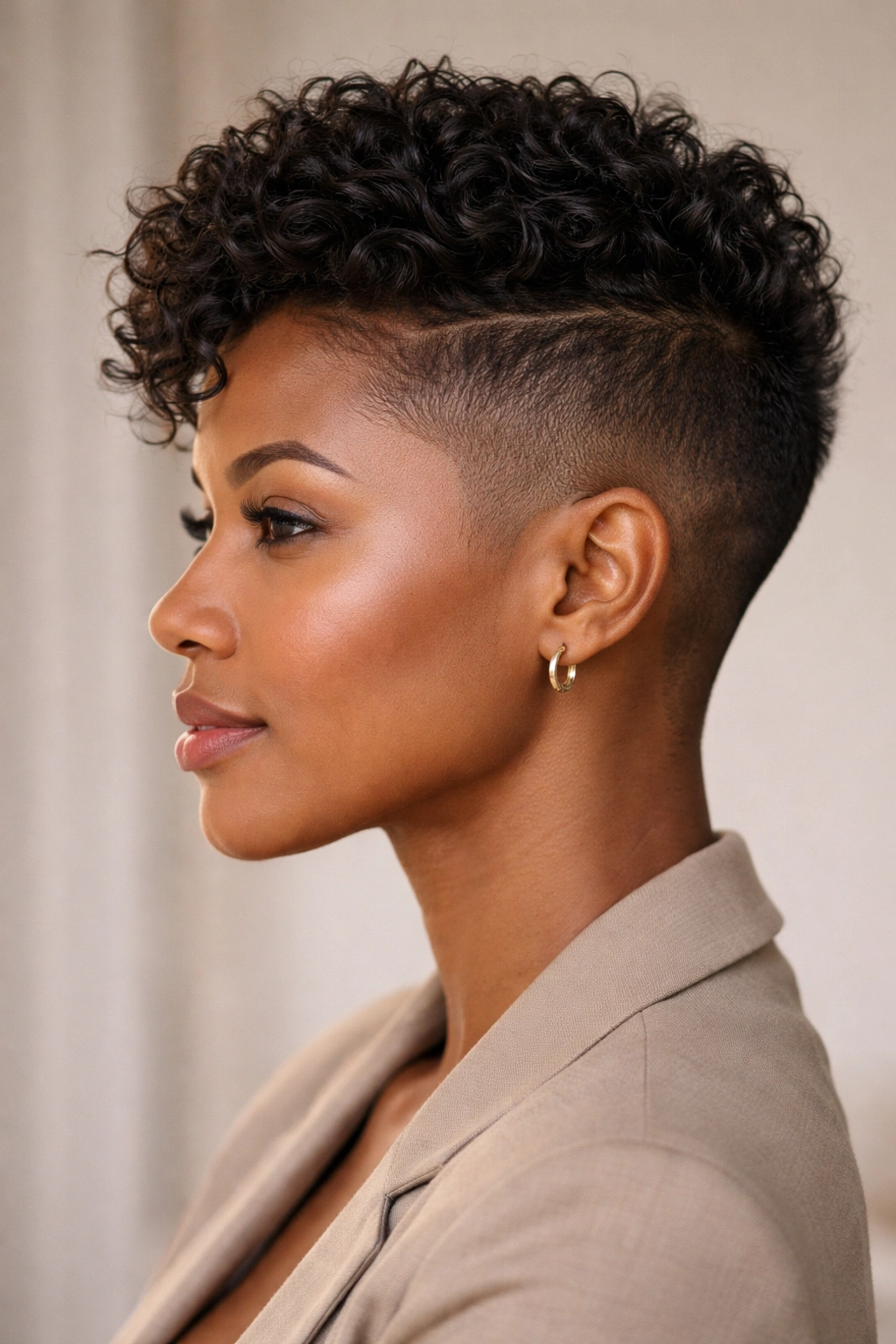 Close-up of a woman with a textured undercut and long top