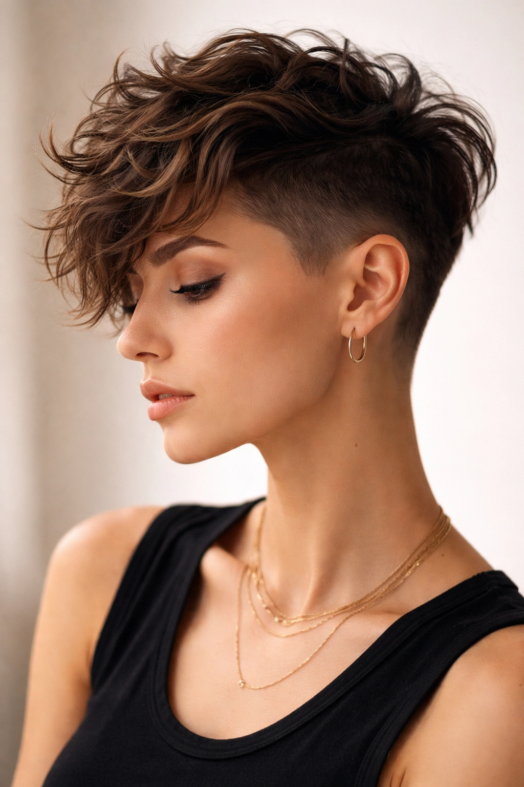 Portrait showing a textured crown atop a short undercut with waves.