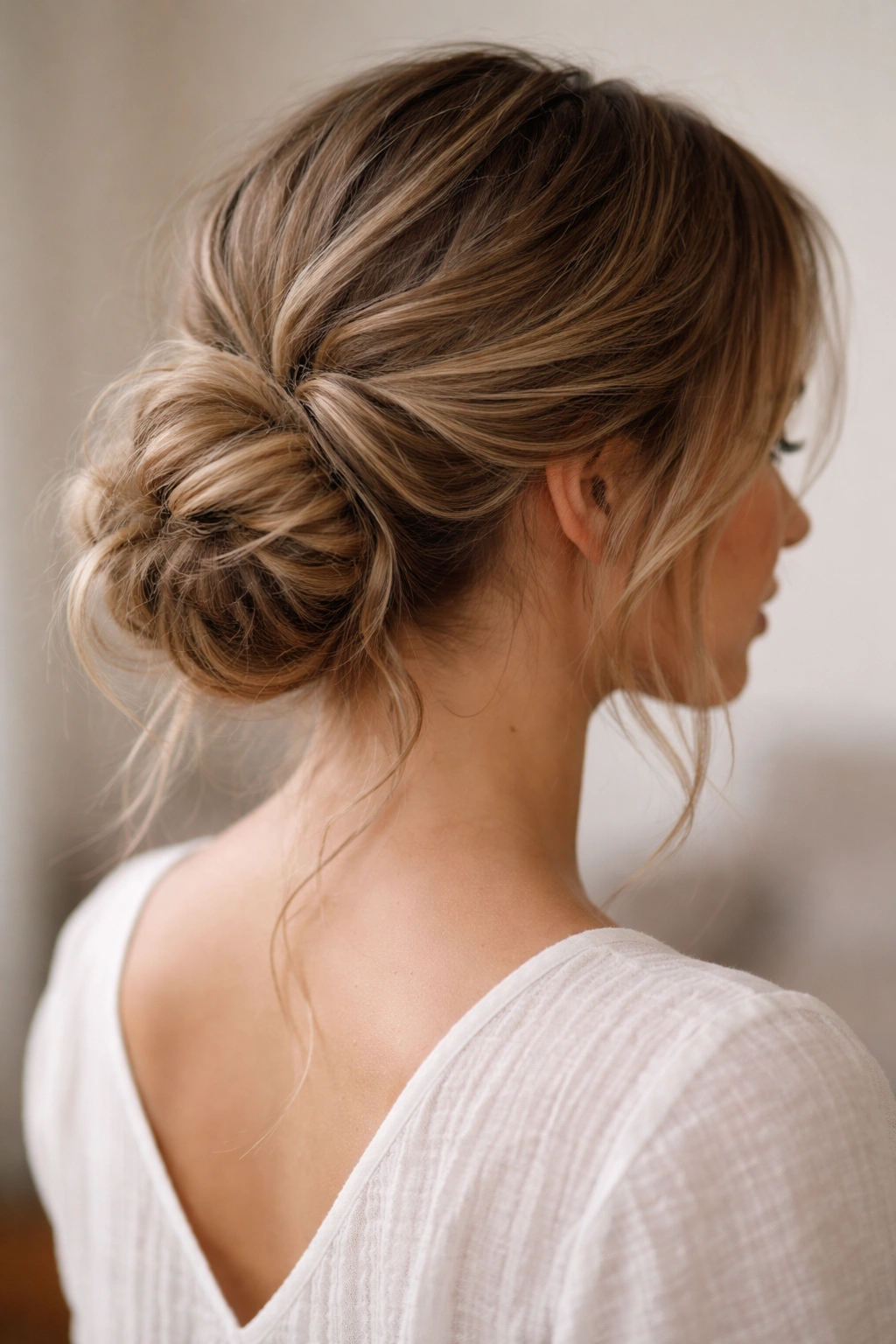 Loose textured undone bun with waves and stray pieces