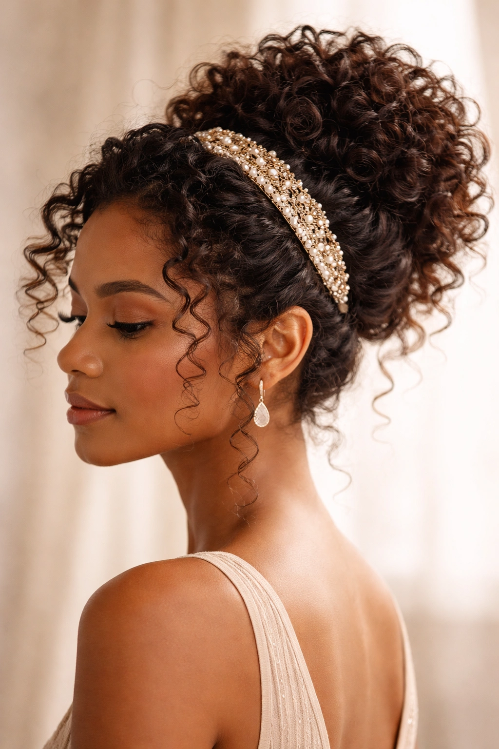 Textured updo with decorative headband on curly hair