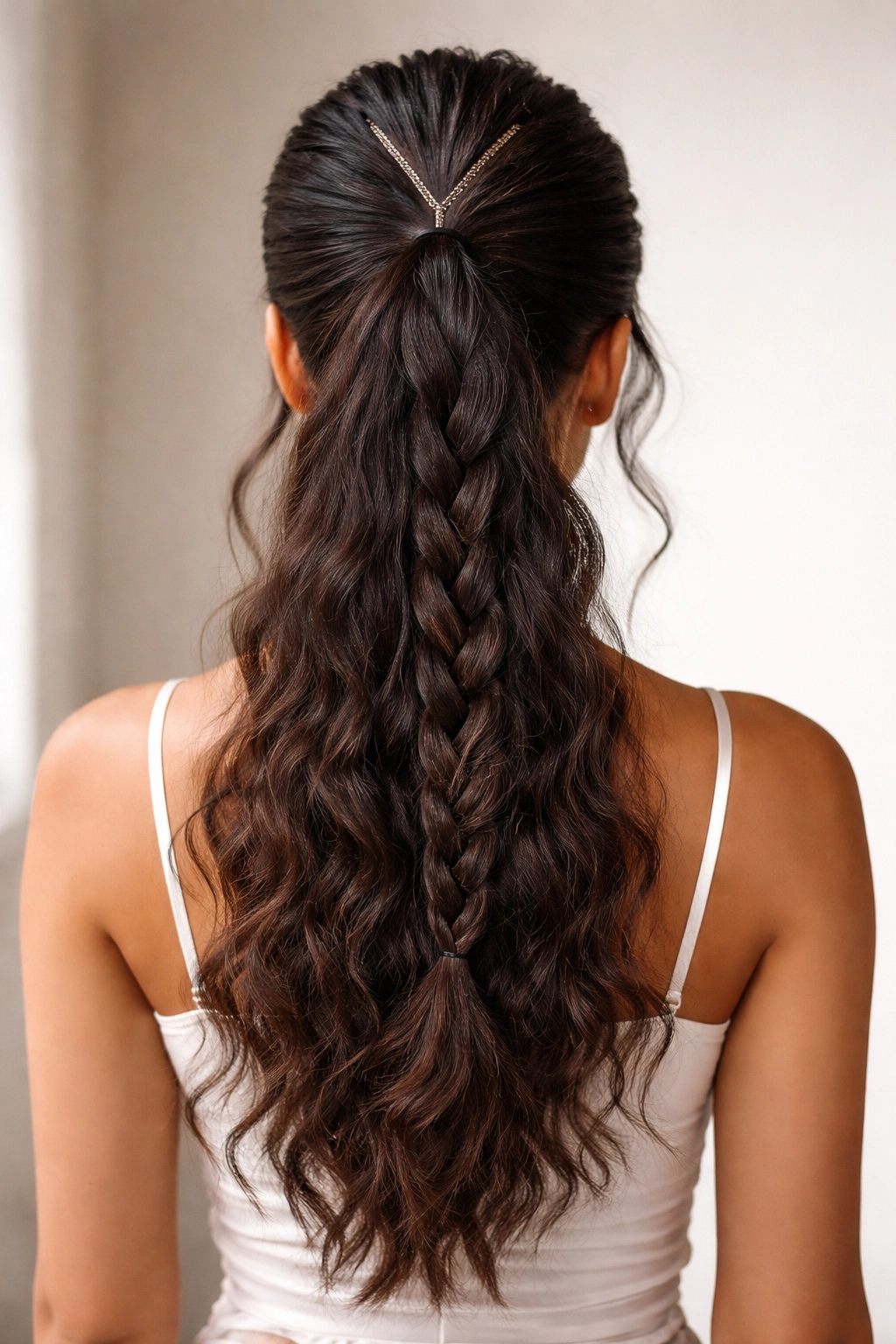 Mid-back view of textured V-part ponytail with a braided detail
