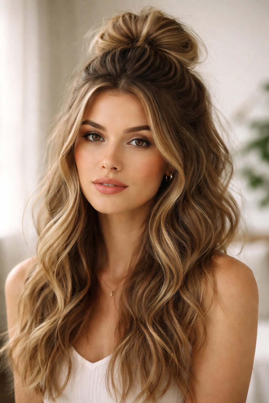 Textured wave half-up bun with natural curl and volume