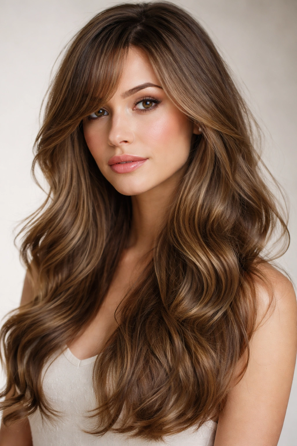 Close-up of textured waves with blended side bangs in studio lighting