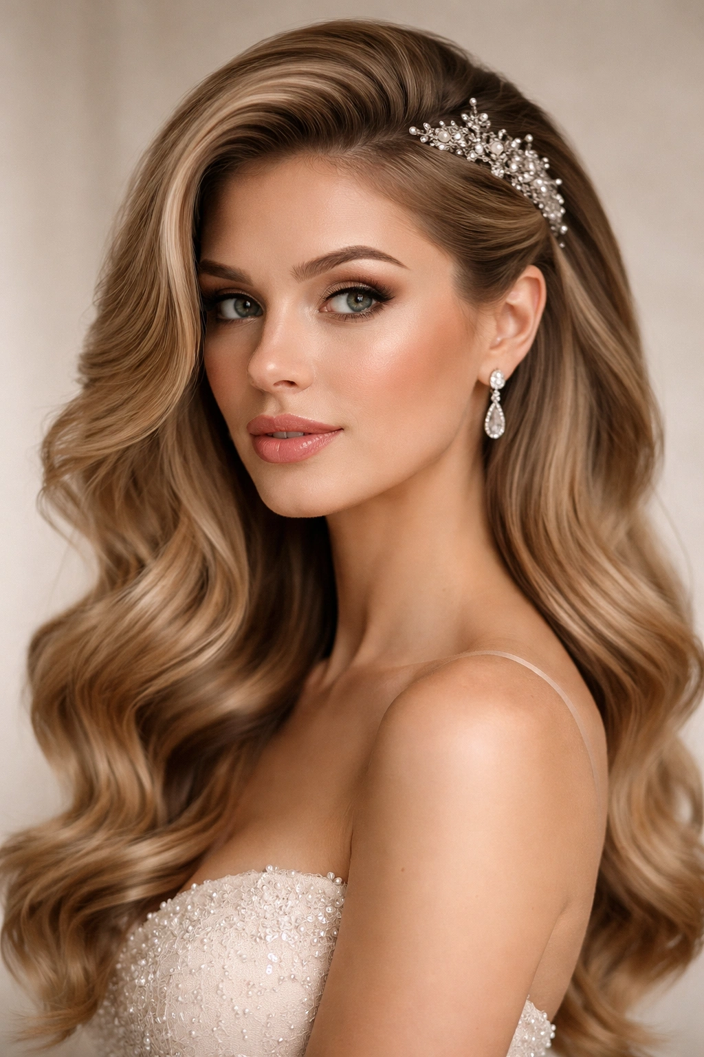 Textured side-swept waves with crown detail in formal hairstyle