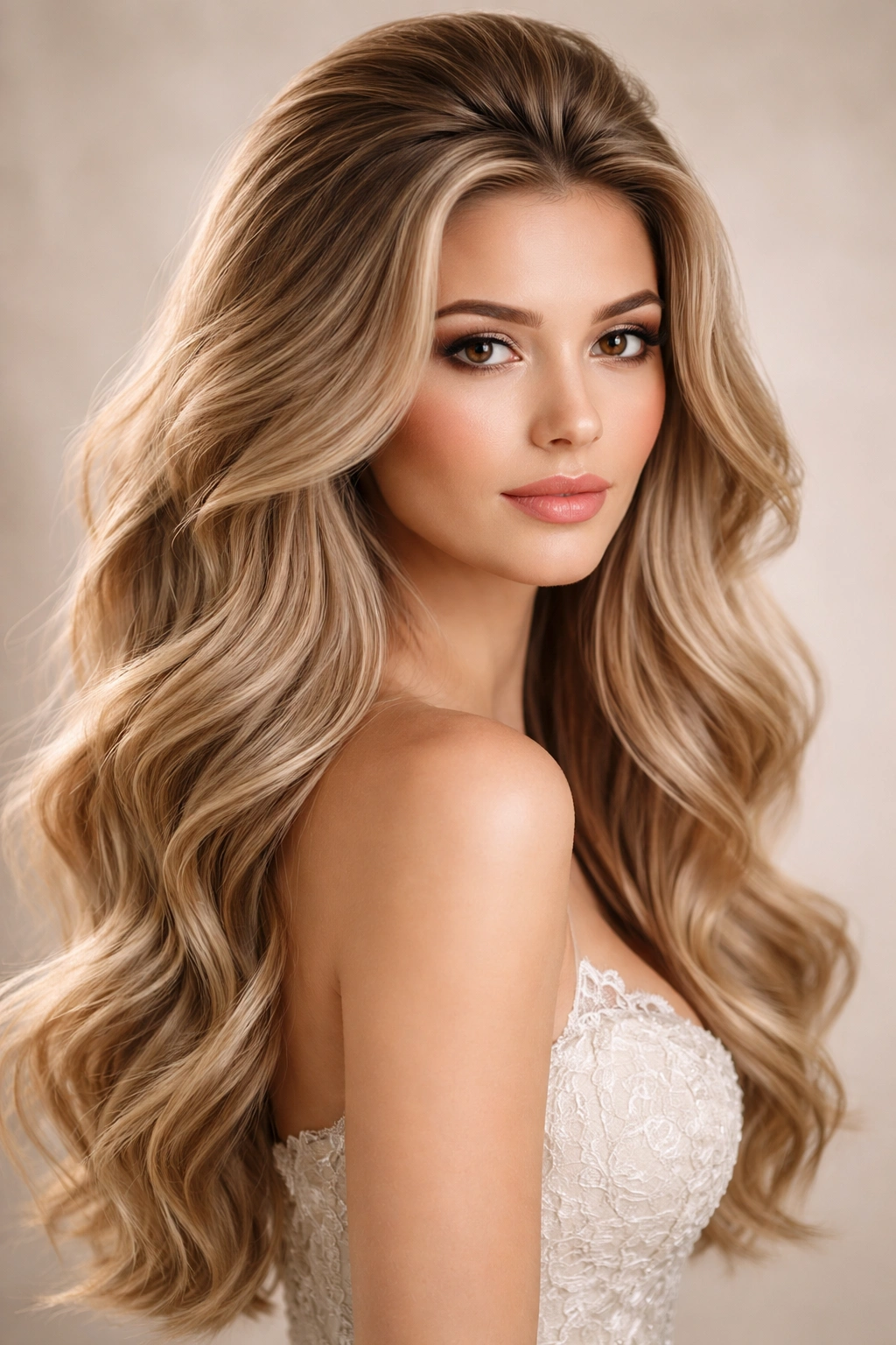Long textured waves with crown volume at the top