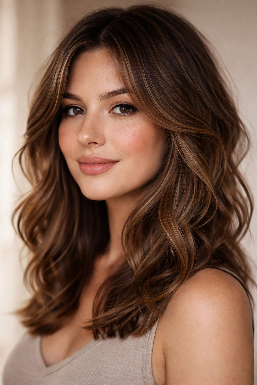 Medium-length textured waves with cheekbone and jaw framing layers.