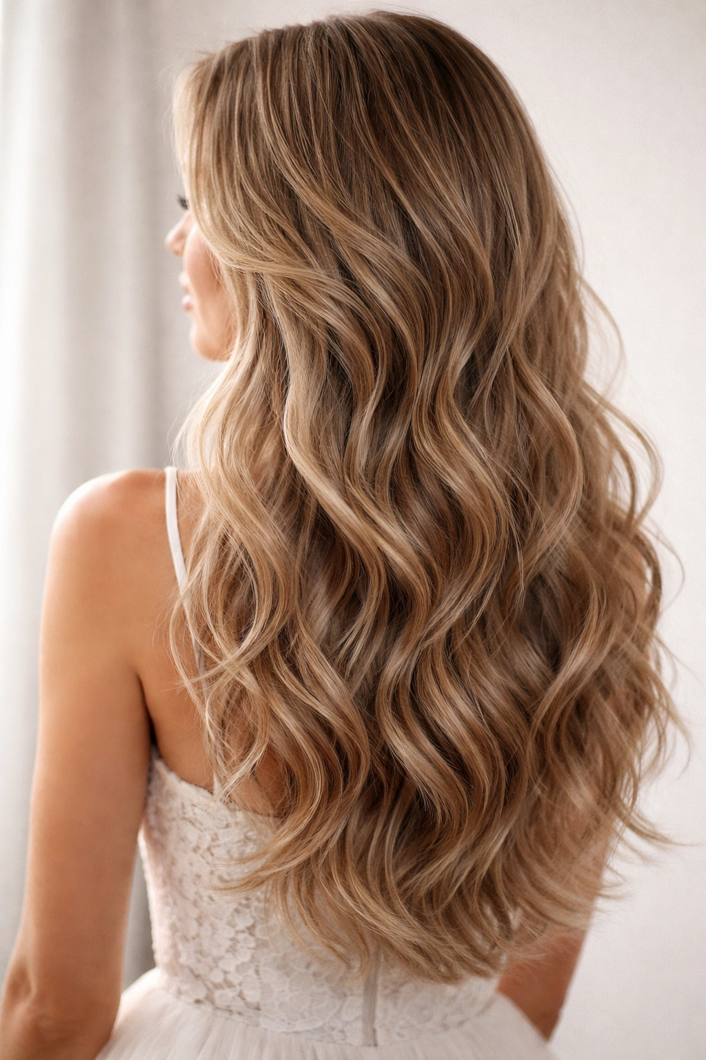 Layered textured waves with feathered ends in a bridal hairstyle.