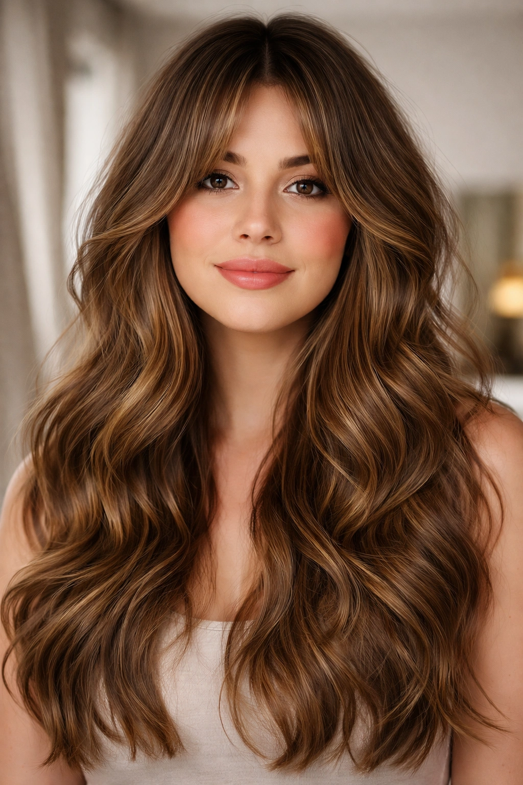 Textured waves with feathered curtain bangs framing the face with soft movement