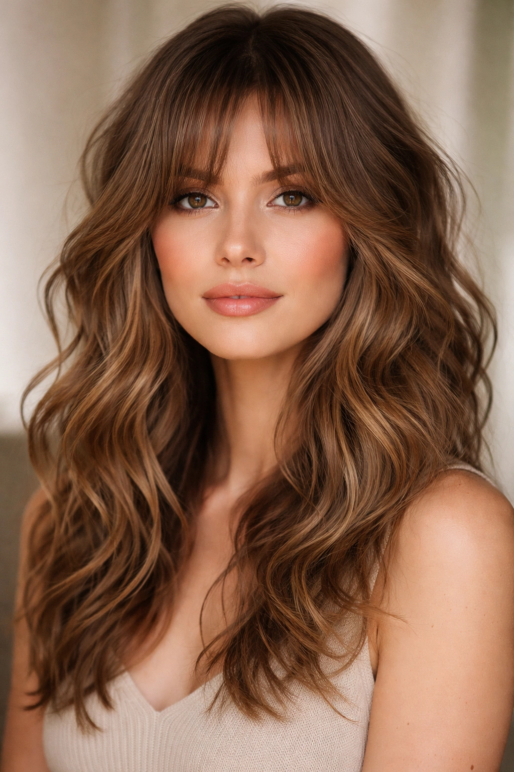 Textured waves with longer curtain bangs framing the face