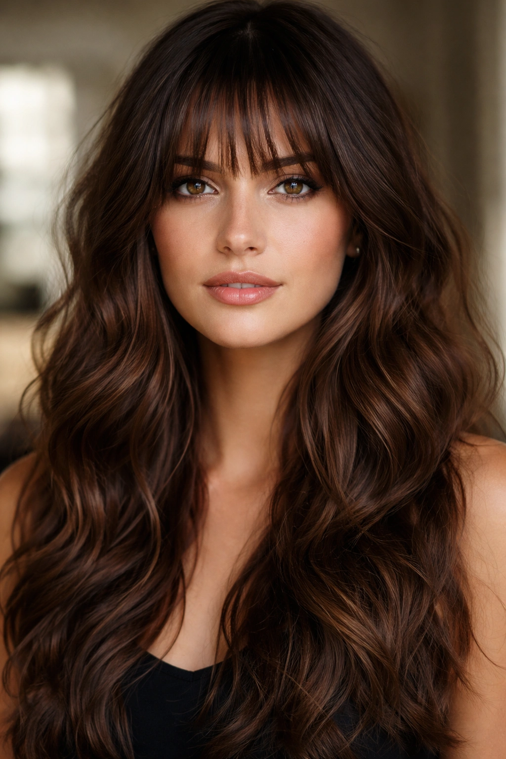 Chocolate brown textured waves with piece-y bangs and defined strands