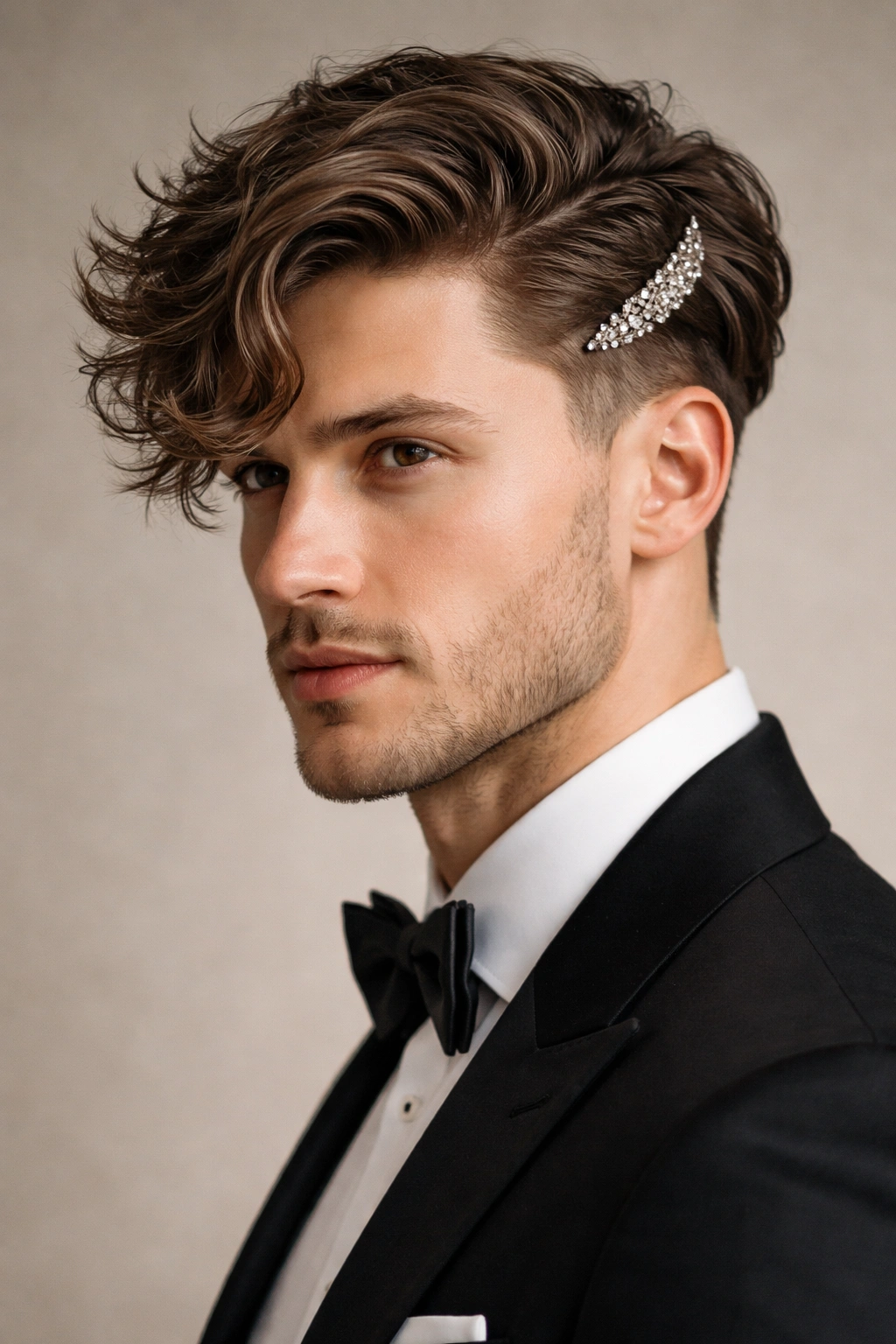 Textured waves with a side clip and subtle undercut in a modern formal hairstyle