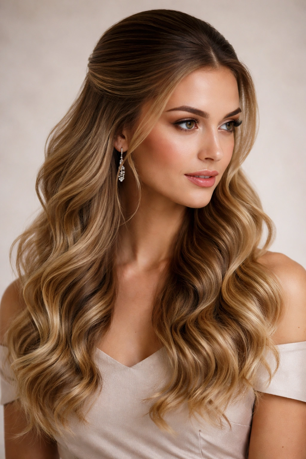 Bridesmaid with textured waves and a sleek top section