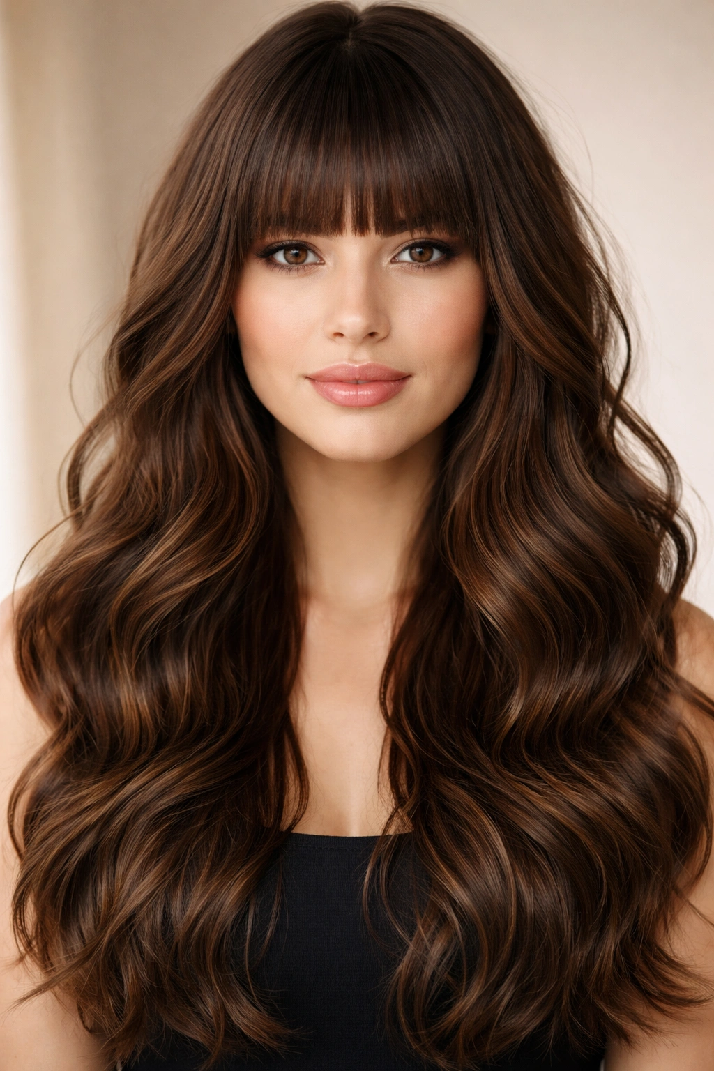 Textured waves with straight bangs creating modern contrast on a round face