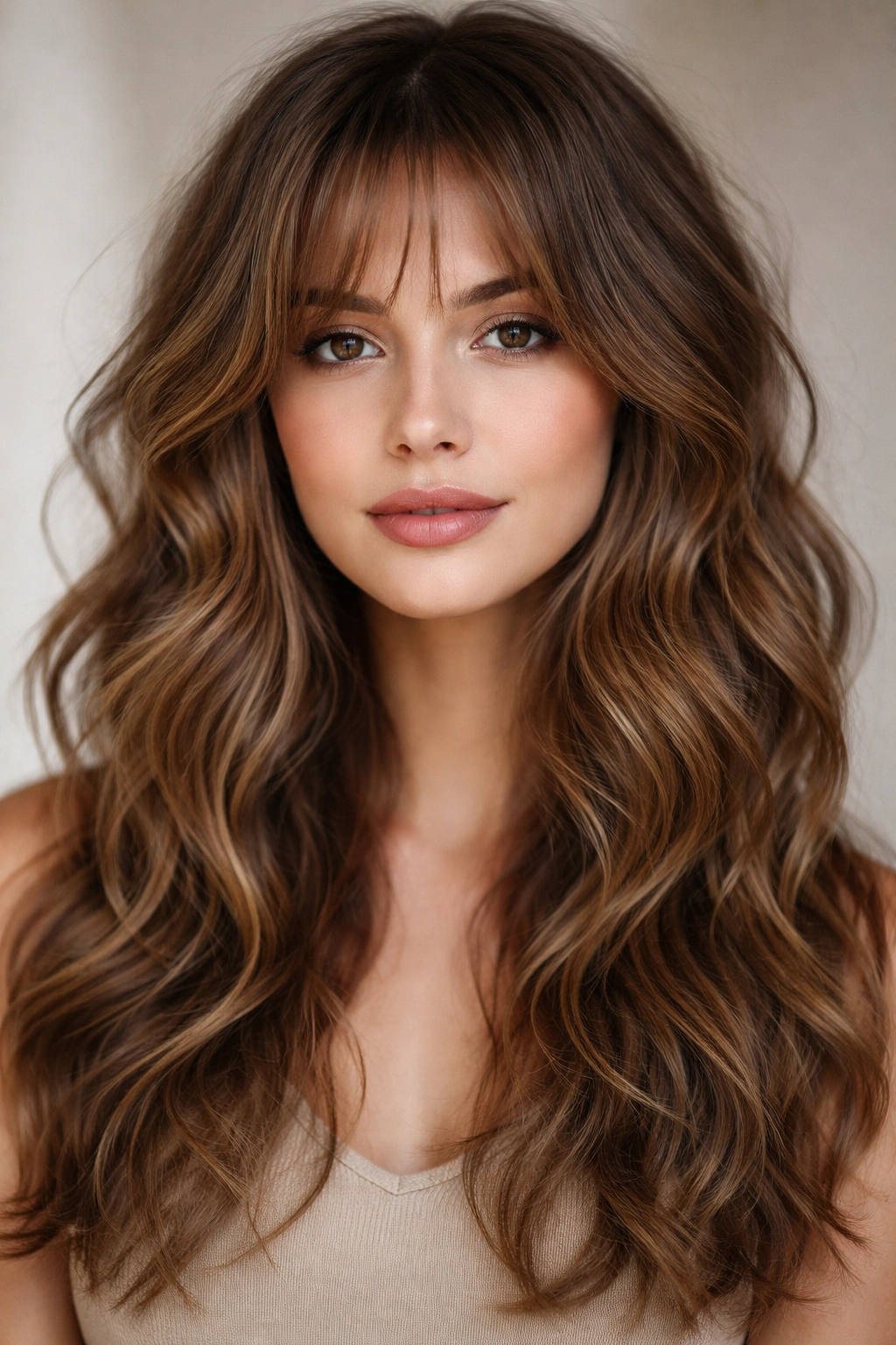 Close-up of textured waves with wispy bangs framing a heart-shaped face