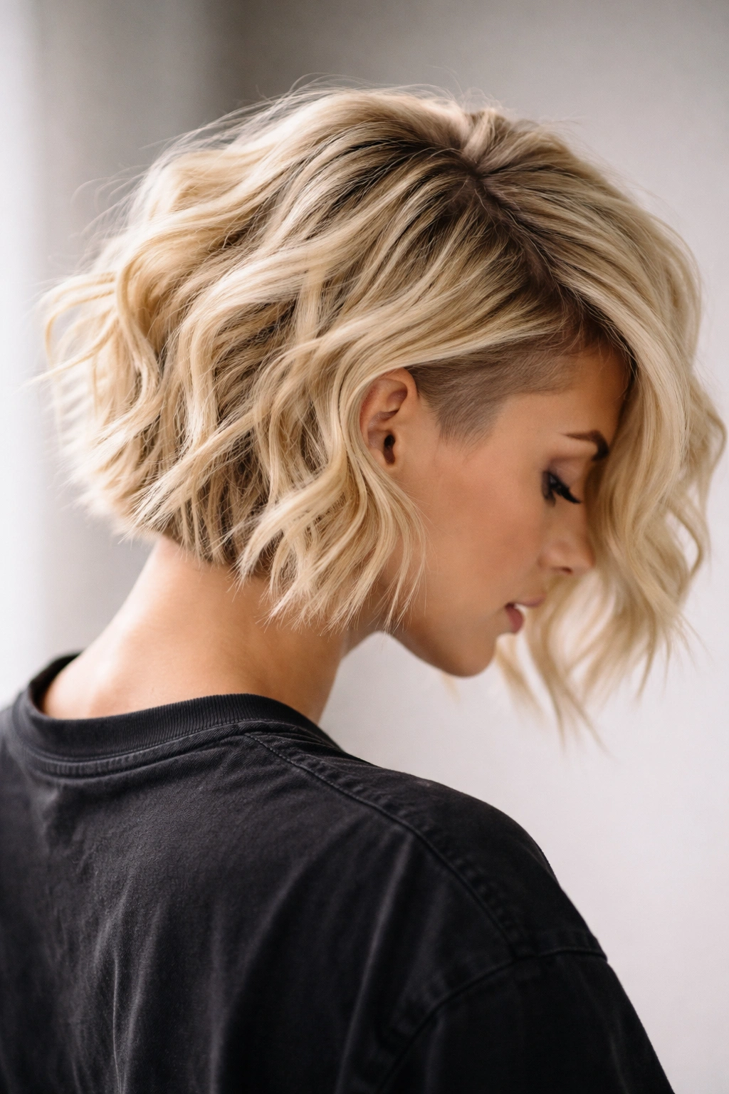 Textured wavy bob with undercut in bright blonde