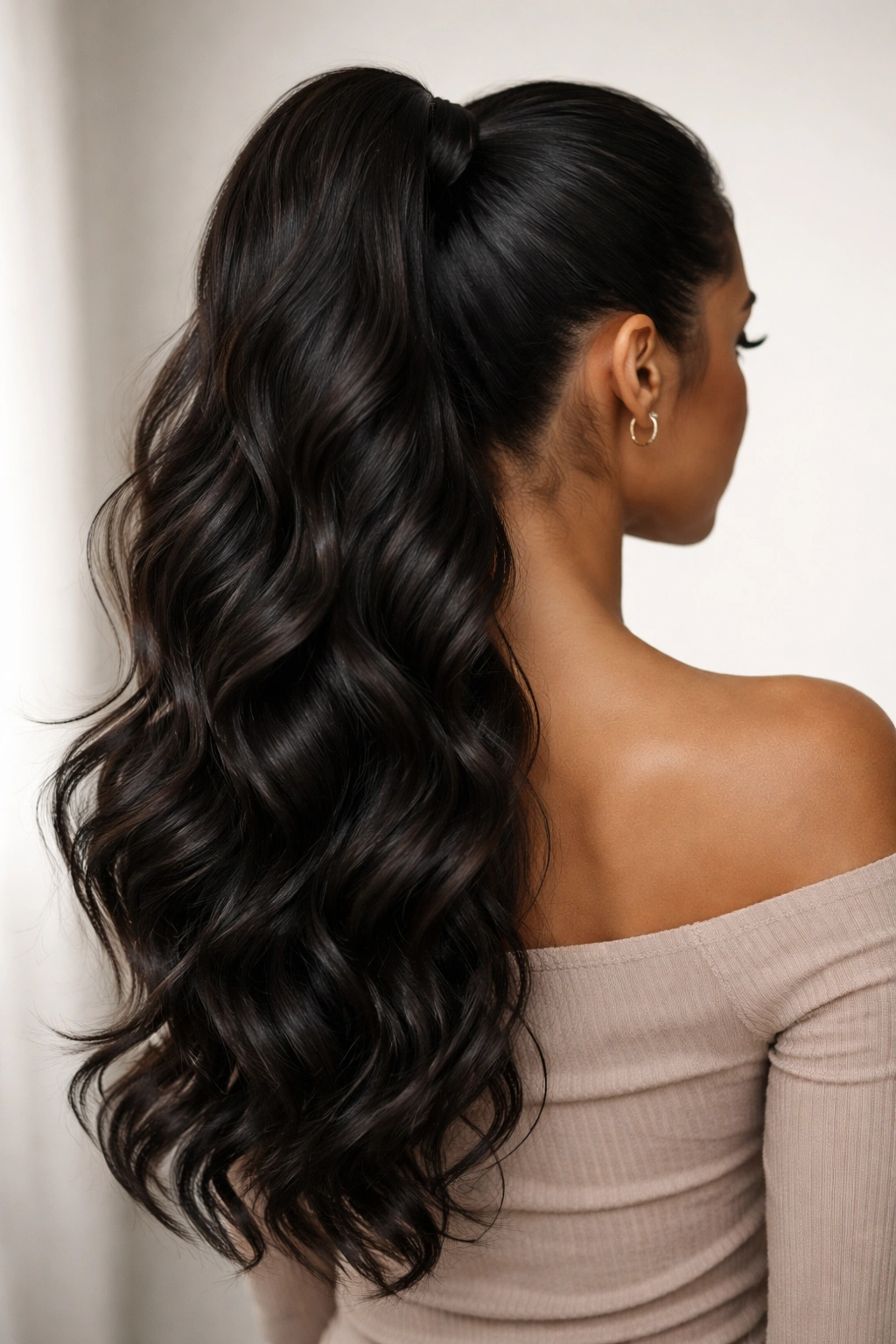Back view of a textured weave ponytail with soft waves along its length