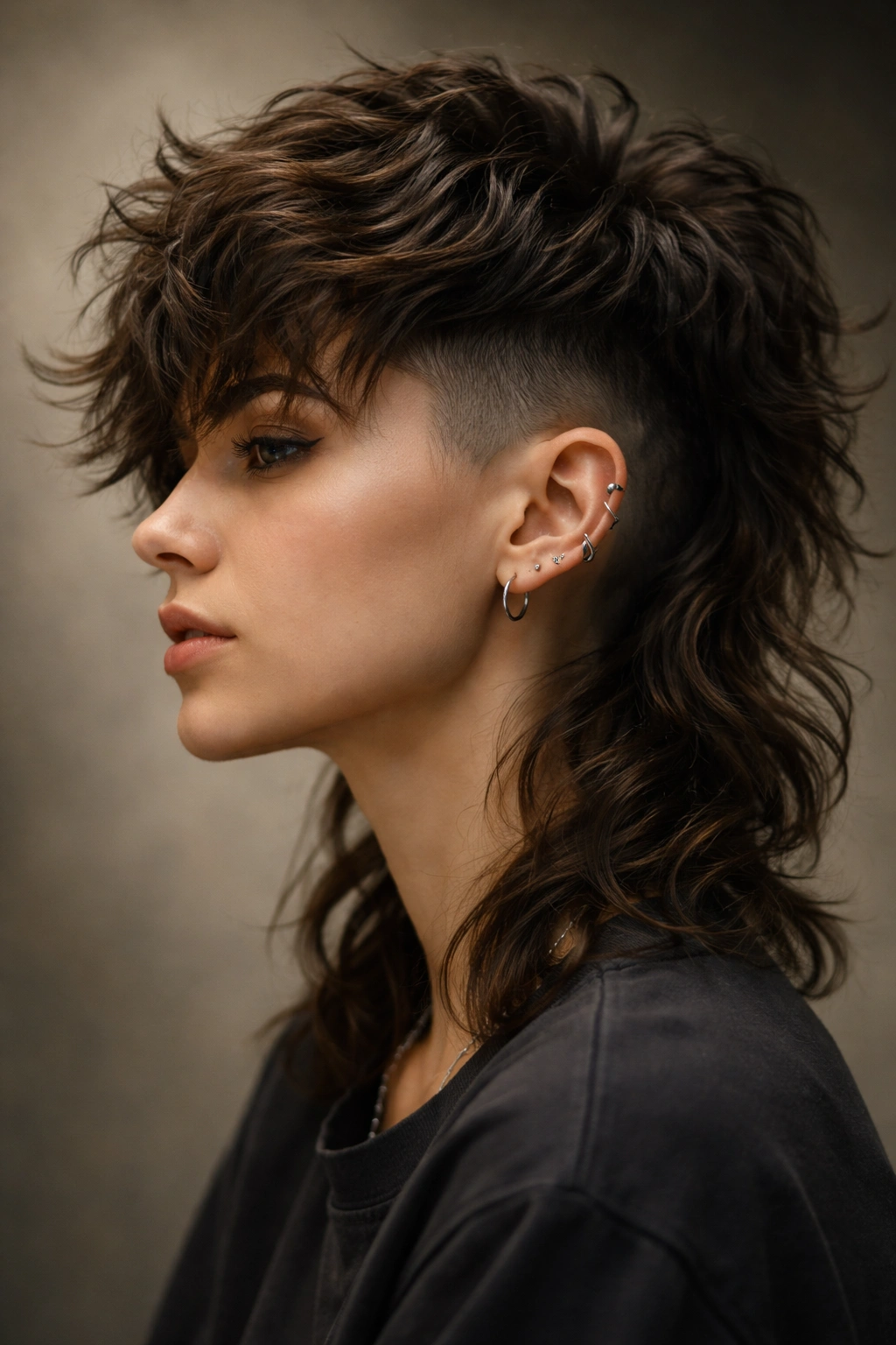 Close-up portrait showing a textured wolf cut with a buzzed undercut and wavy top, high-contrast hairstyle.
