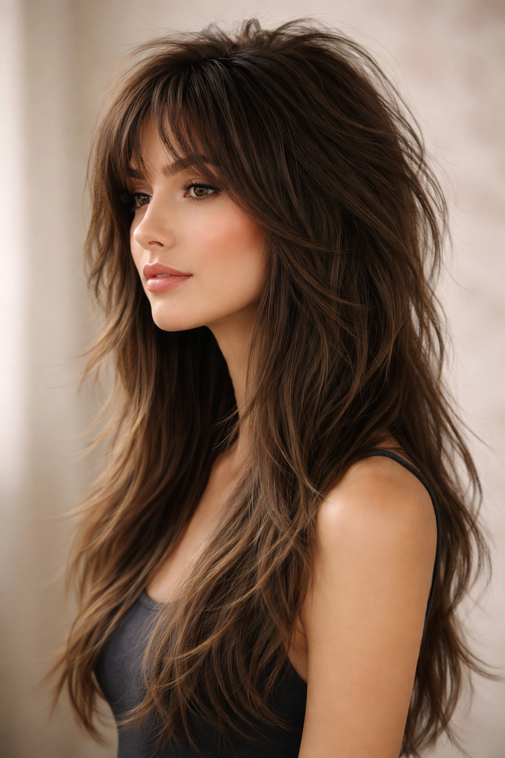 Textured wolf with longer face-framing pieces portrait