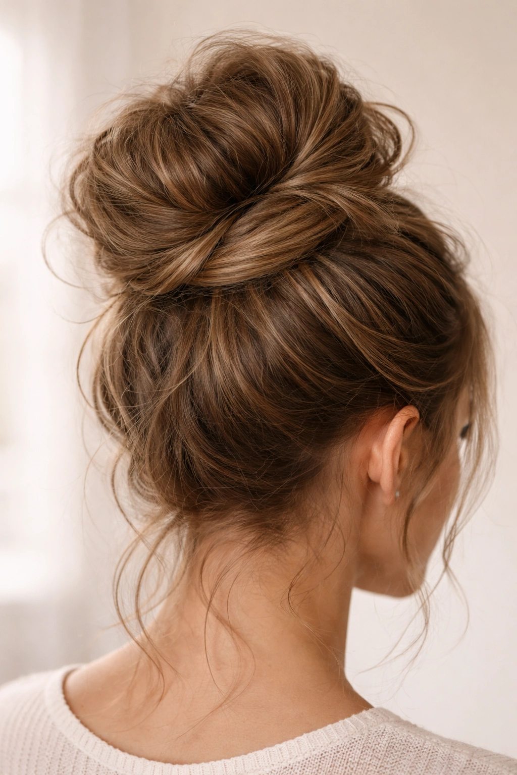 Relaxed textured wrap bun at crown with loose wraps