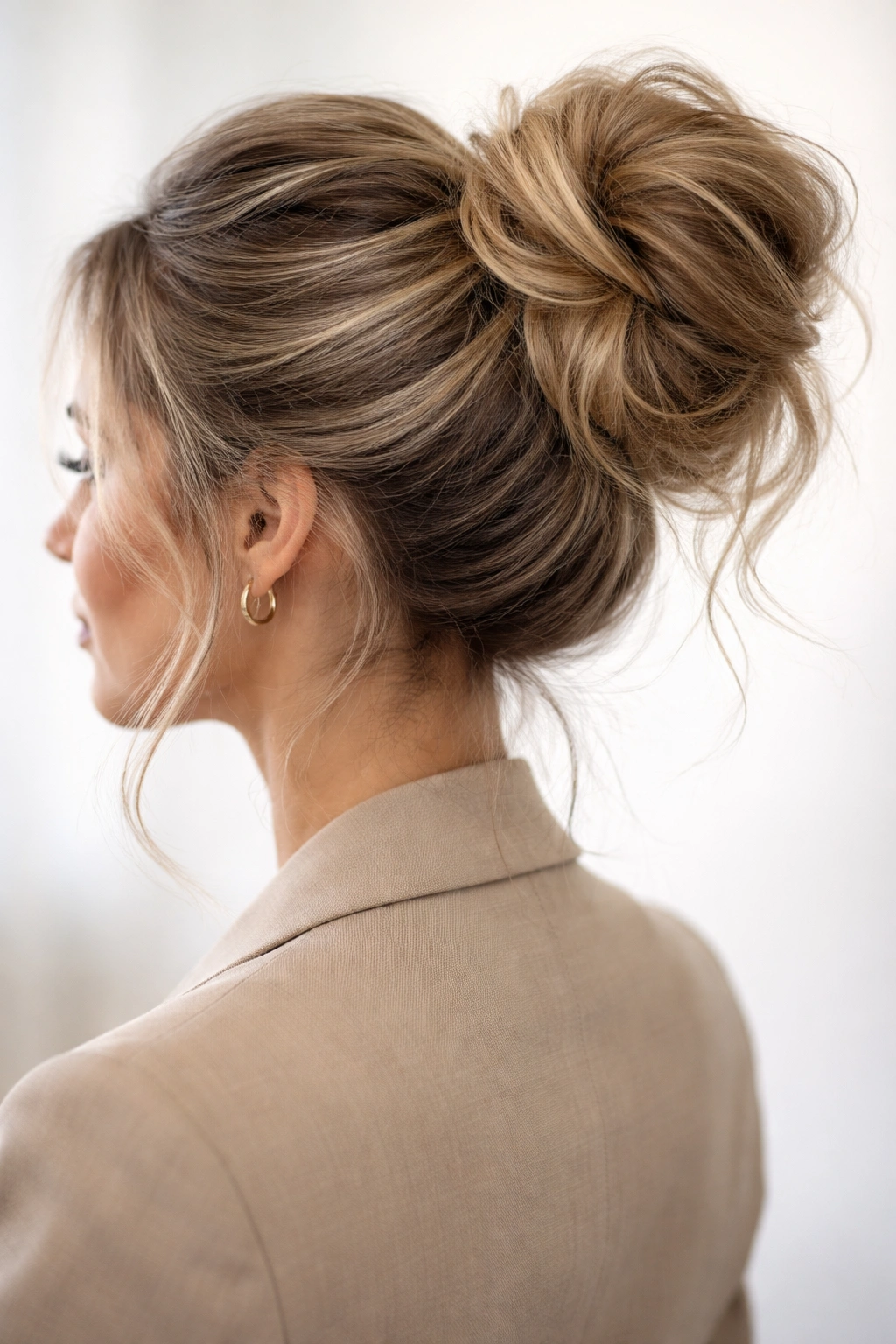 Textured wrap messy bun with voluminous, undone sections
