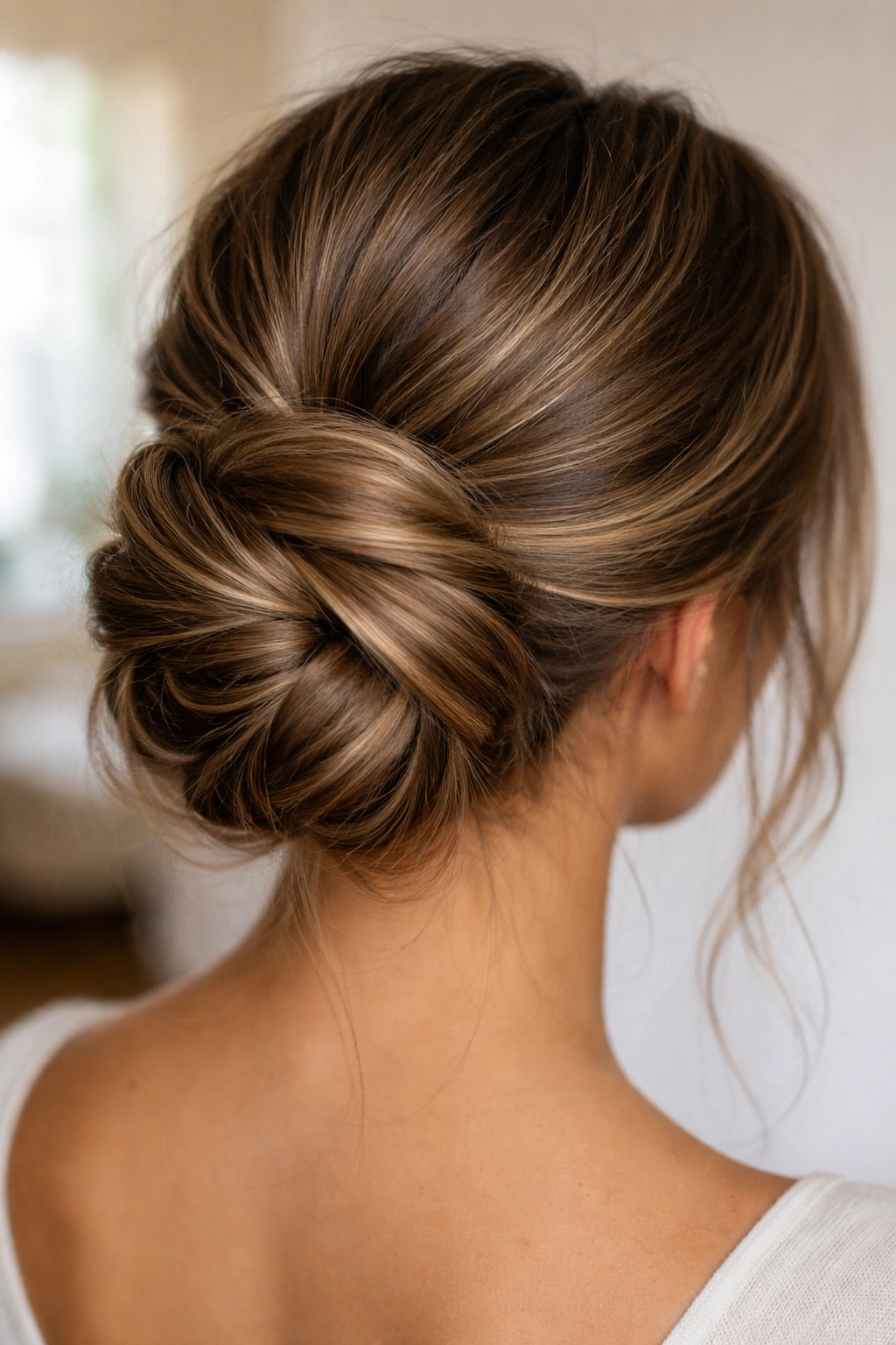 Close-up of a textured wrap low bun showing multiple wrapped sections