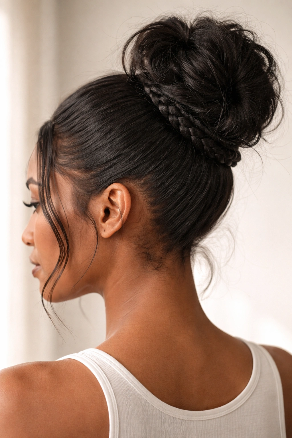High textured wrap messy bun with braided wraps