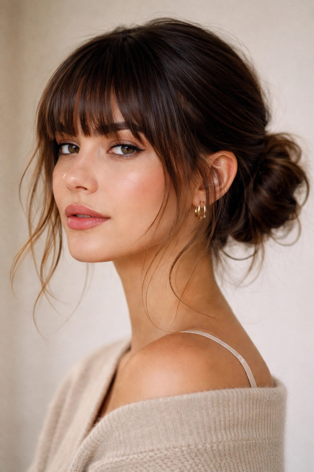 Close-up of a textured low bun with straight blunt bangs and light-catching strands