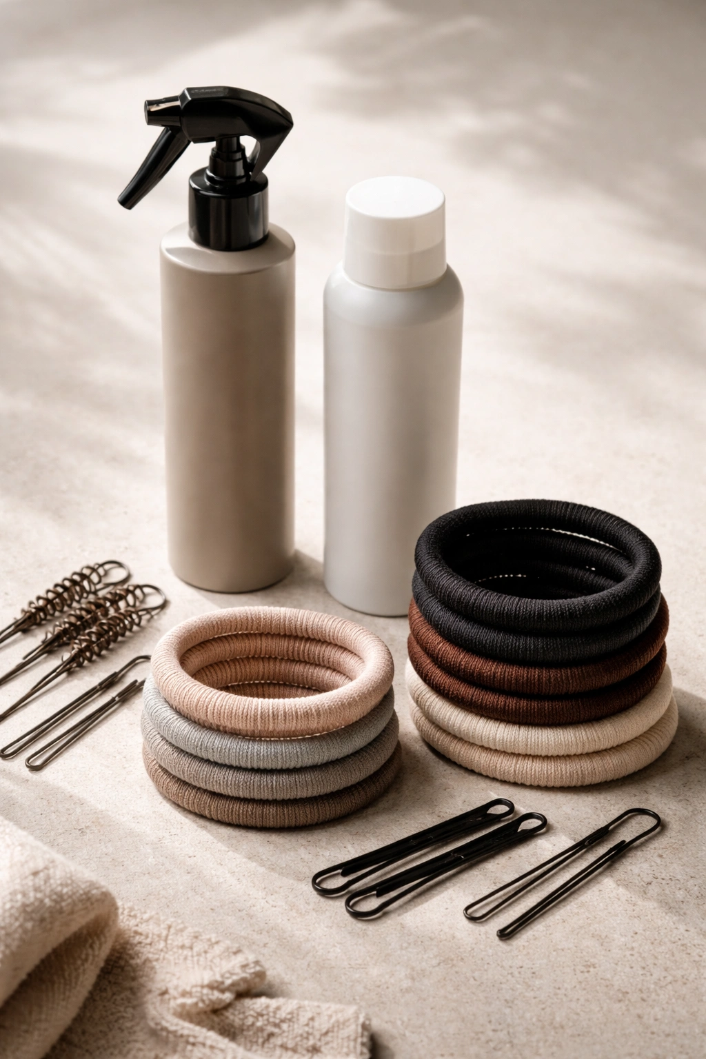 Flat lay of texturizing spray, dry shampoo, and fabric-wrapped elastics