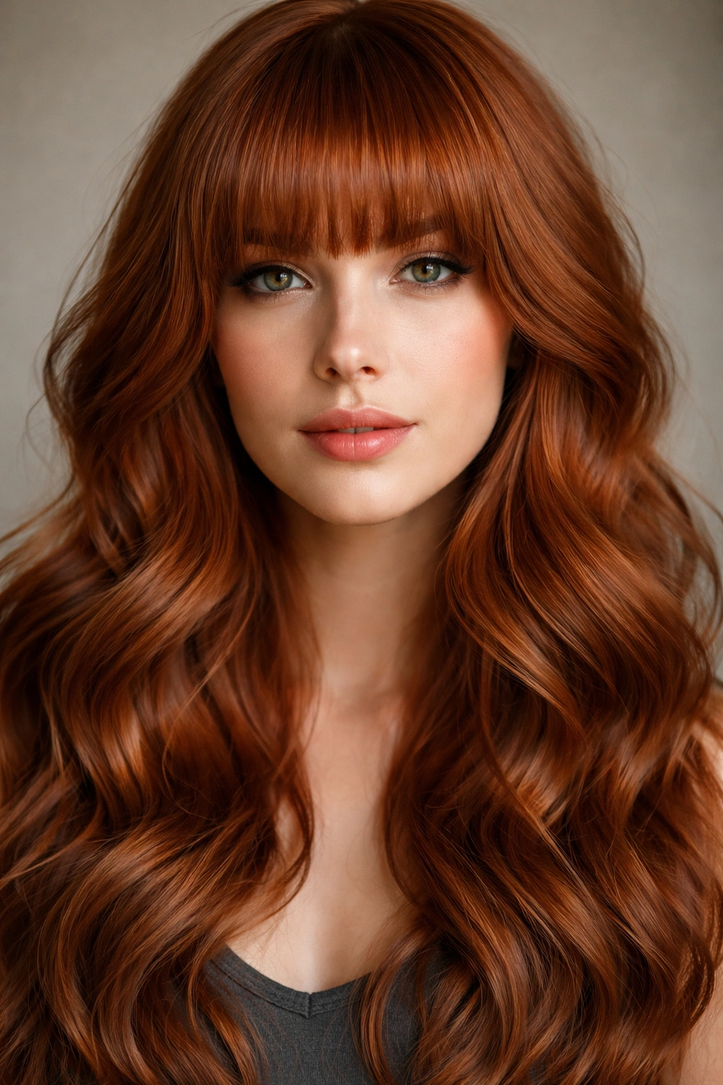 Close-up of a model with thick ginger bangs and deep waves