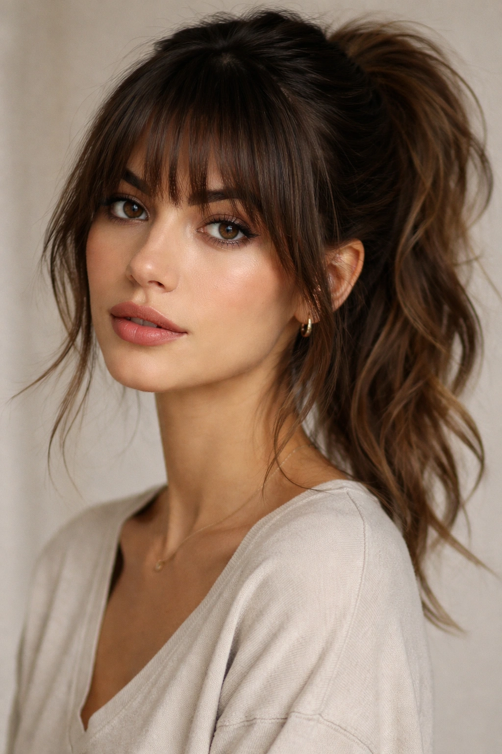 Portrait of a person with longer thick bangs and a messy bun pony.