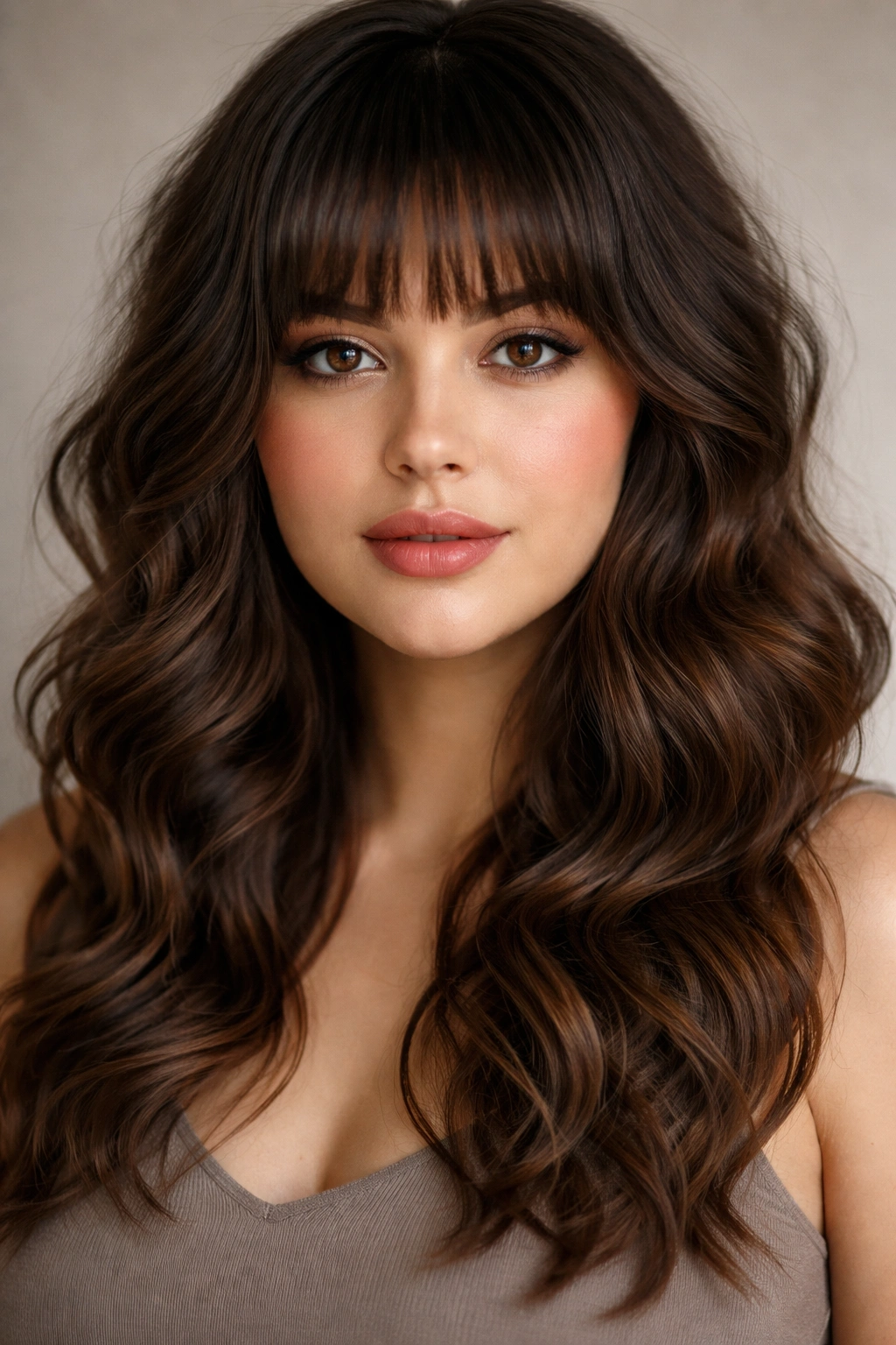 Close-up of thick textured bangs with loose spiral waves framing a round face