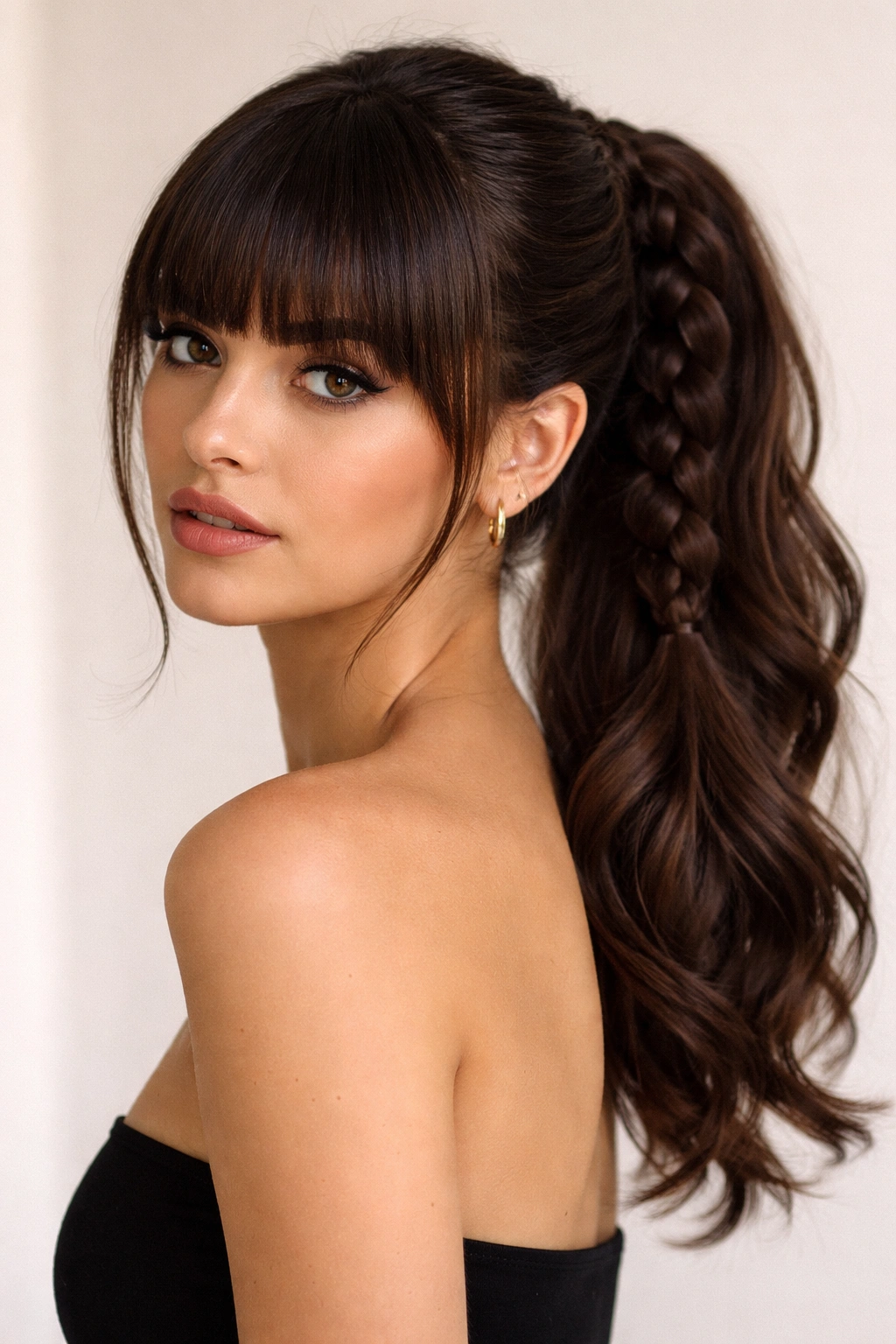Portrait of thick blunt bangs with a braided low ponytail at the nape.
