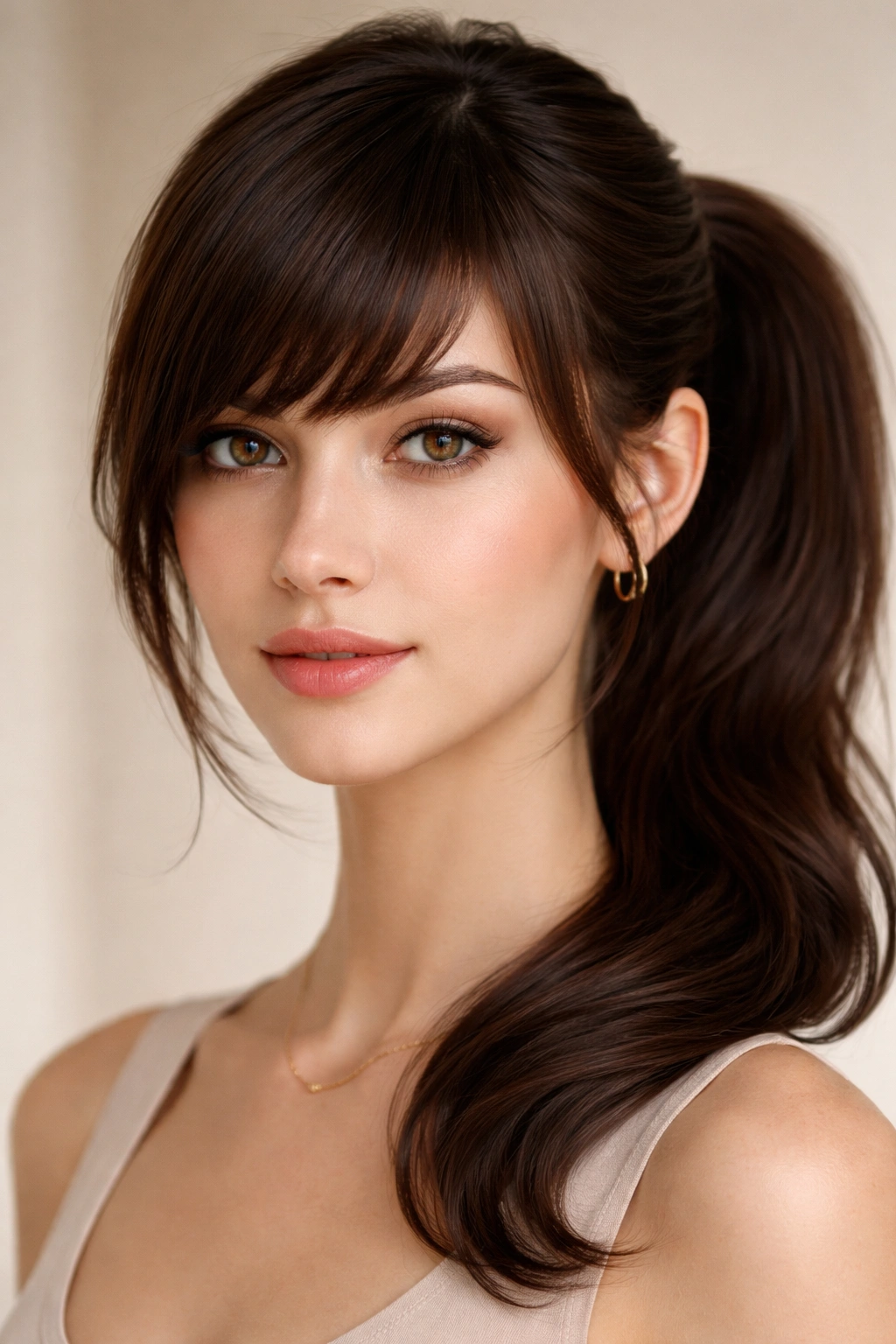 Portrait of a model with thick blunt bangs on a delicate, narrow face