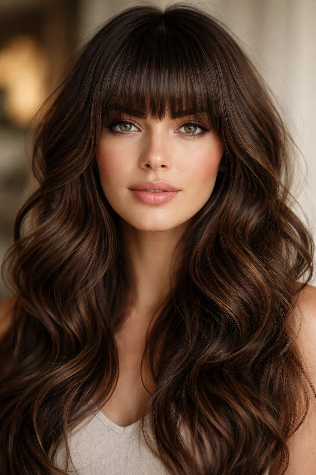 Thick blunt bangs with texture on thick wavy hair