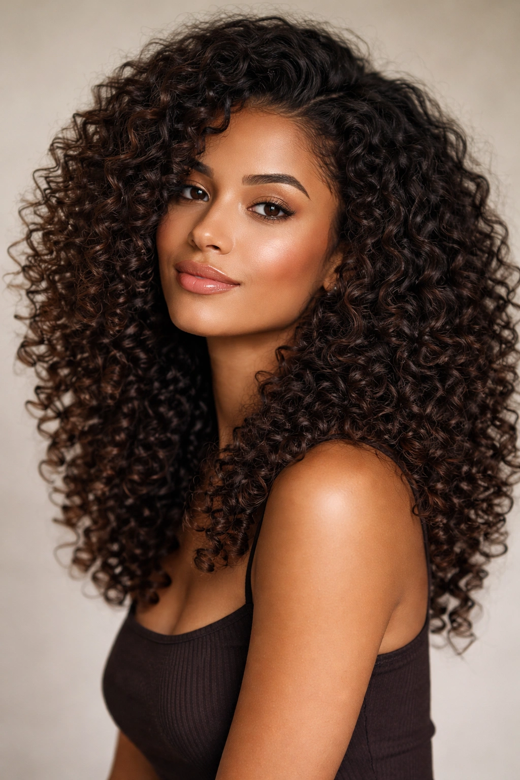 Portrait of a person with thick curly hair in a polished, healthy curl style, highlighting volume and texture