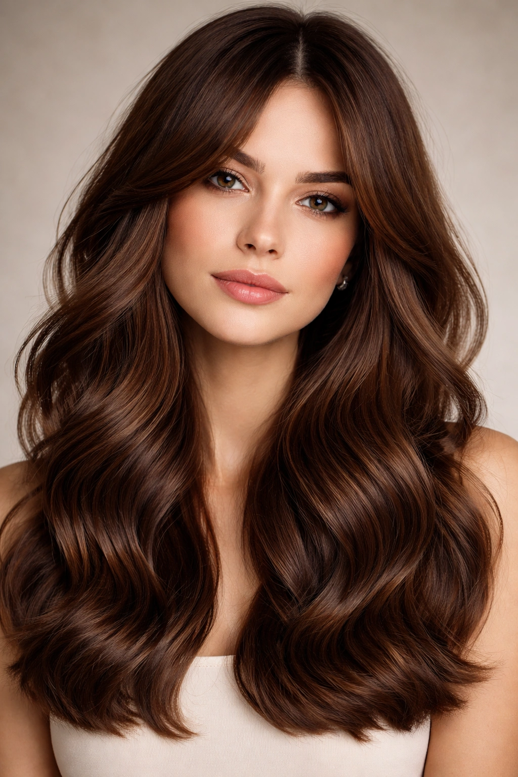 Close-up of thick chestnut hair with blunt cut and loose waves