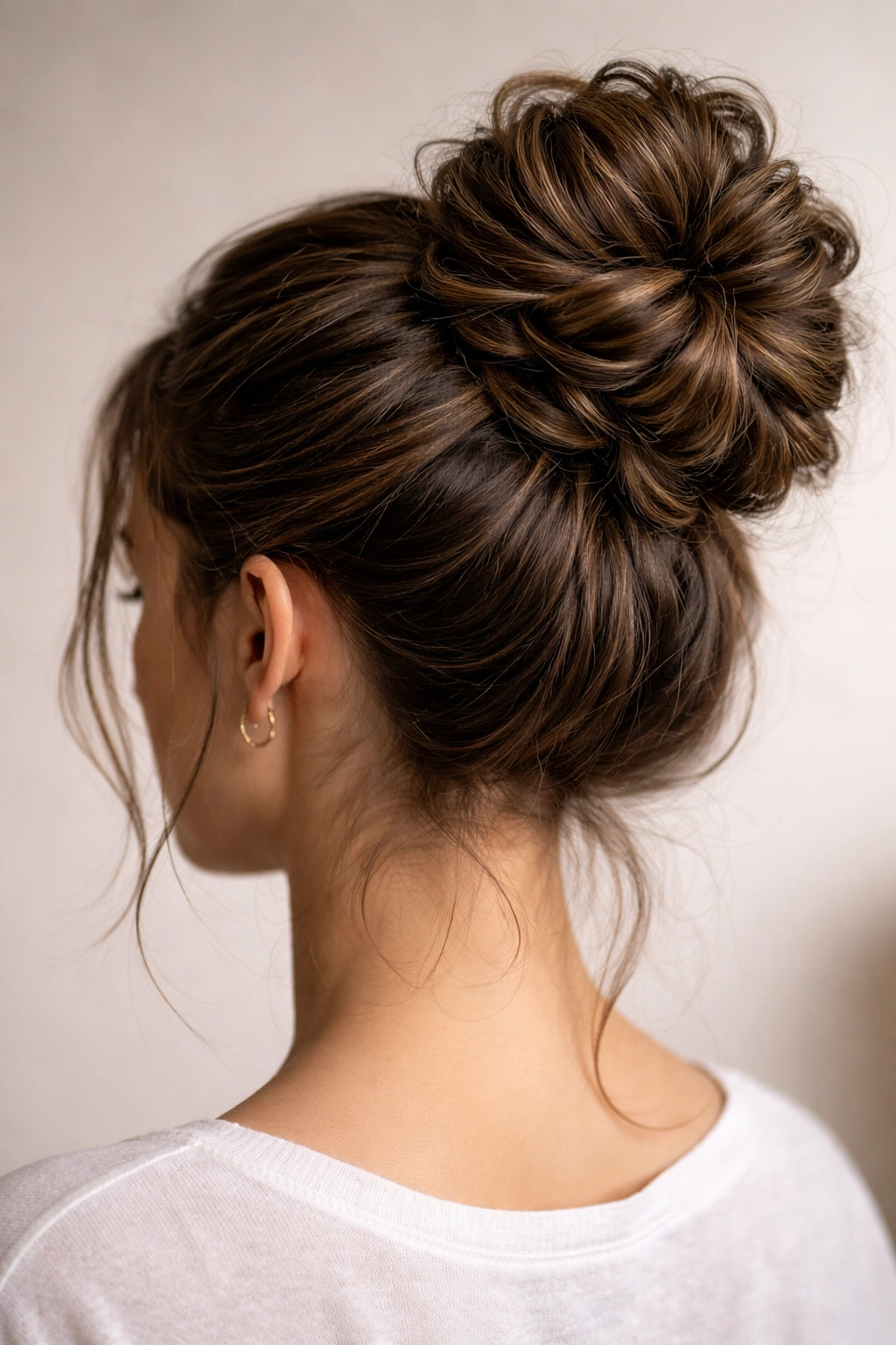 Close-up of a thick hair bun secured with multiple anchors at the crown