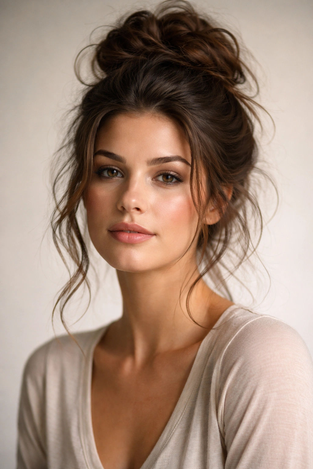 Portrait of a person with thick hair in a relaxed messy bun.